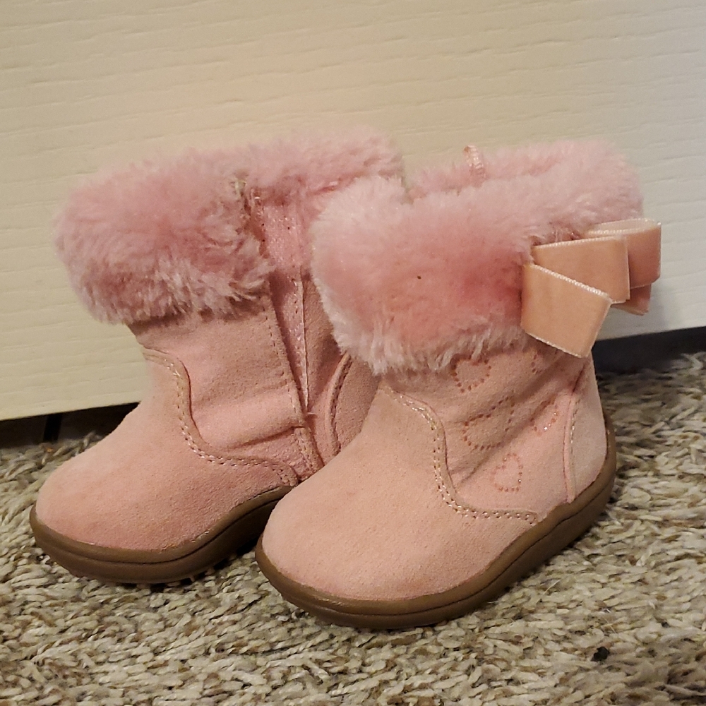 Pink Furry Toddler Boots with Bow, Size 2